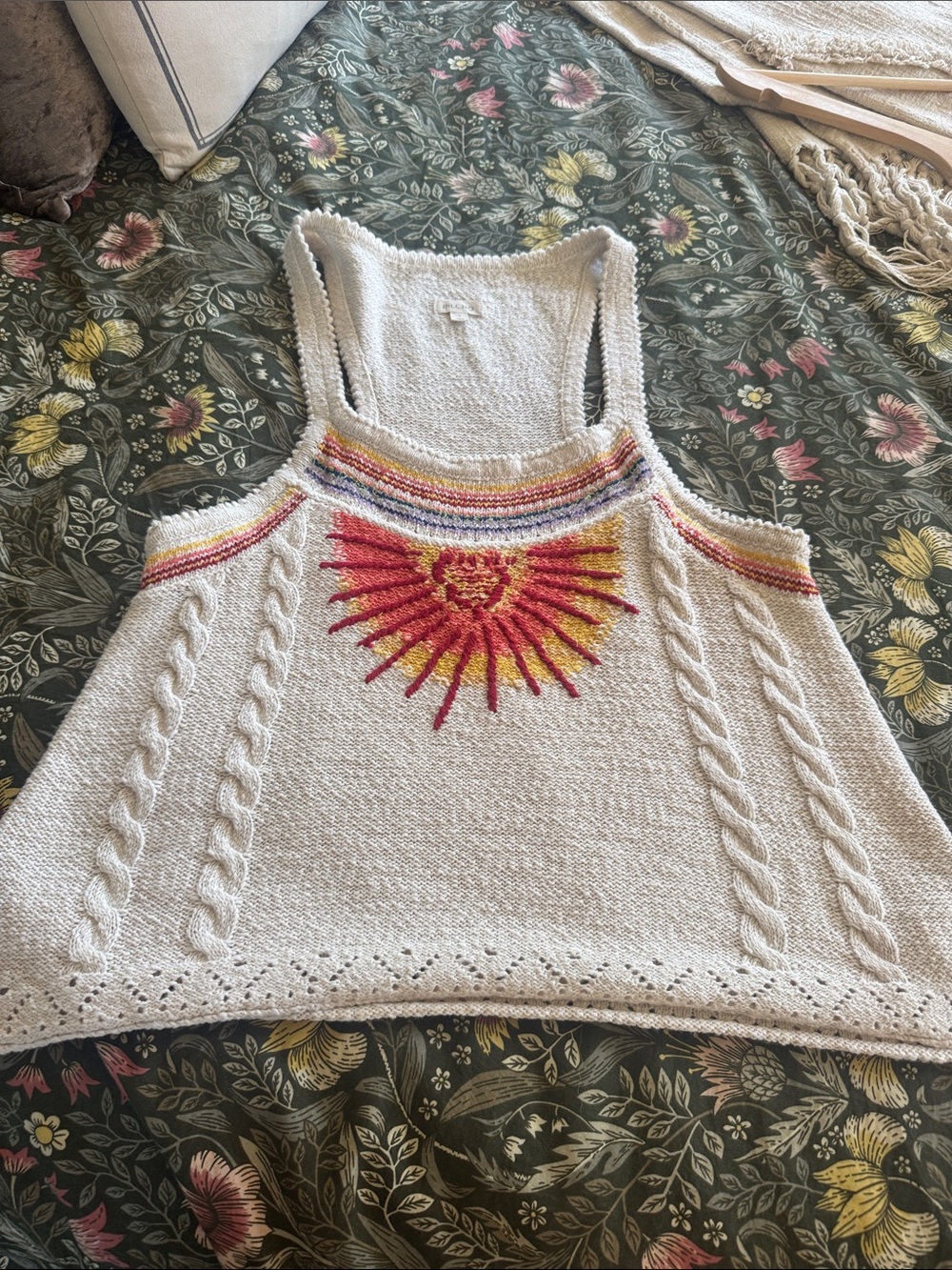 Anthropologie Cream Knit Tank with Red and Yellow Sunburst